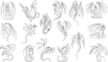 set of dragon sketch on white background, vector