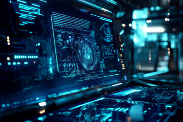 Obraz premium A glowing futuristic digital command center, featuring AI-powered holographic control panels, cybernetic data grids, and swirling energy streams. The high-tech abstract background represents