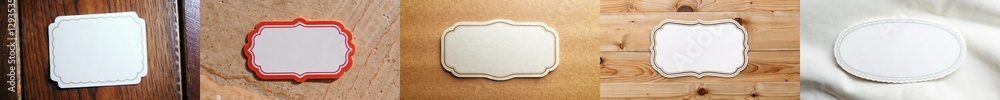 Poster a series of different shapes, including squares and circles, on a wooden surface. the shapes are arr