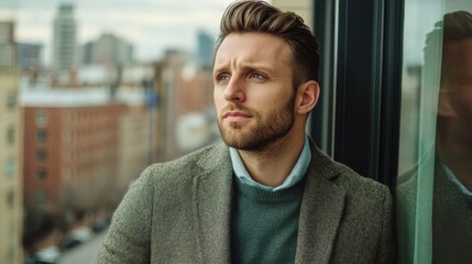 Fototapeta premium Thoughtful Man Gazing Out of Window in Urban Setting, Reflective Mood, Cityscape in Background, Stylish Attire, Natural Light, Modern Atmosphere