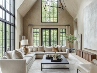 A large living room with a white couch and a black coffee table. There is a potted plant in the room