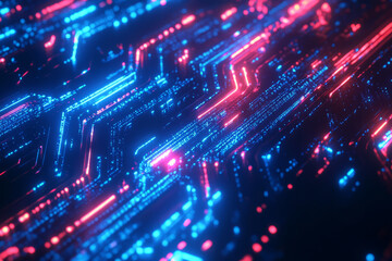 Obraz premium Abstract futuristic DNA strand made of glowing circuits, cybernetic biotech theme, high-tech innovation, ultra-detailed, neon blue and red lighting, sci-fi concept.