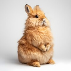 Adorable Fluffy Brown Rabbit Sitting Upright Against a Light Gray Background