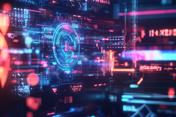 Obraz premium A mesmerizing cybernetic interface displaying AI-generated holographic security algorithms, pulsating encryption symbols, and glowing digital authentication pathways. The high-tech futuristic