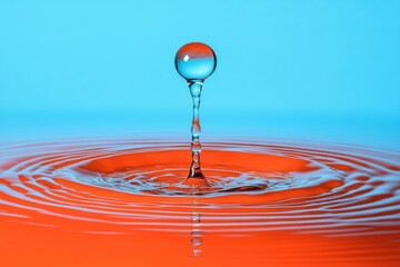 A crystal-clear water droplet creates ripples on a vibrant orange surface against a blue background, showcasing stunning contrast and beauty in motion.