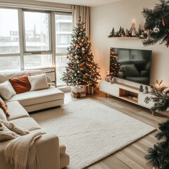 Obraz premium Christmas tree decorations in a home setting for holiday season