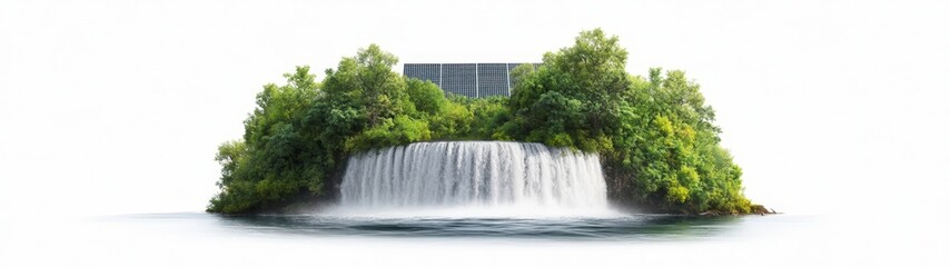 Waterfall Surrounded by Lush Greenery and Solar Panels Above