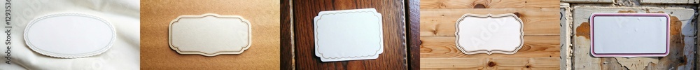 Poster a series of white and brown wooden frames with a white circle in the middle. the frames are all diff