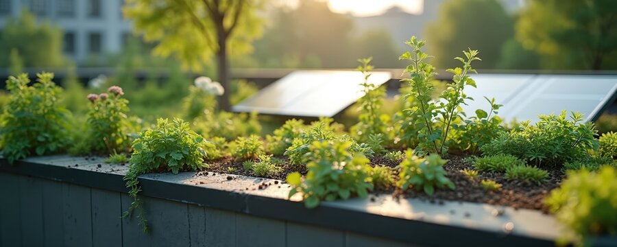 Close-up of green rooftop garden with plants, solar panels. Sustainable architecture features eco-friendly building, renewable power solution. Plants contrast with photovoltaic cells, promoting