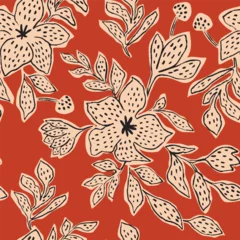 Fotobehang Stijlen patronen Summer abstract tropical floral seamless pattern ink drawing. Black hand drawn flowers and leaves with dotted texture. Vector hawaii repeat background, wallpaper, print. Modern illustration.  © Tani Kuzminka