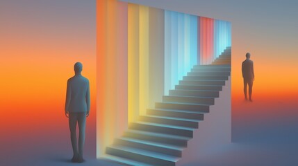 A surreal dreamscape where AI-generated figures phase in and out of existence, shifting between neon dimensions