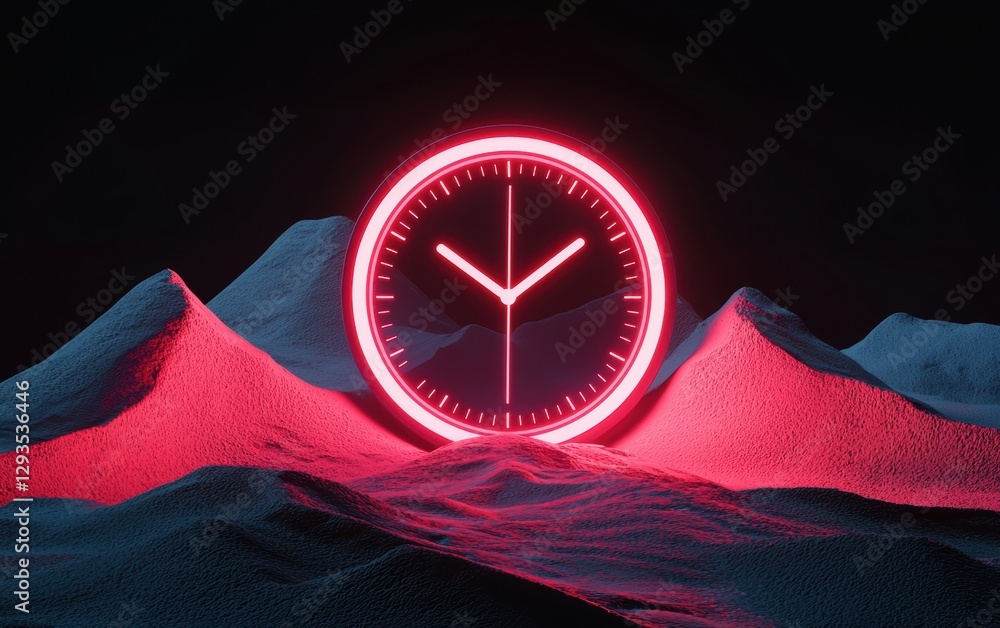 Poster a surreal neon clock melting into liquid light, forming an abstract digital time loop in a futuristi