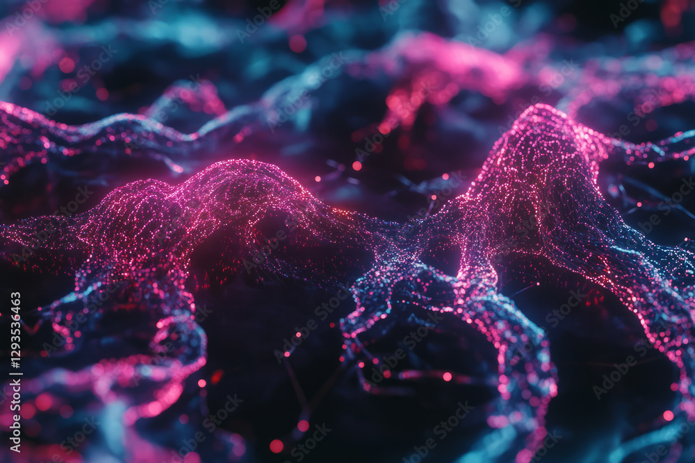 Poster a futuristic ai-powered data visualization, composed of glowing cybernetic pathways, pulsating holog