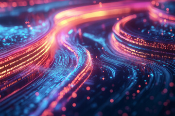 A mesmerizing visualization of futuristic AI processing, featuring swirling luminous energy trails, holographic neural networks, and intricate digital pathways. The cybernetic high-tech background