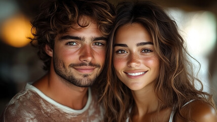 Fototapeta premium A captivating young couple radiates warmth and effortless beauty, sharing an intimate moment captured in soft, natural light with a blurred background.