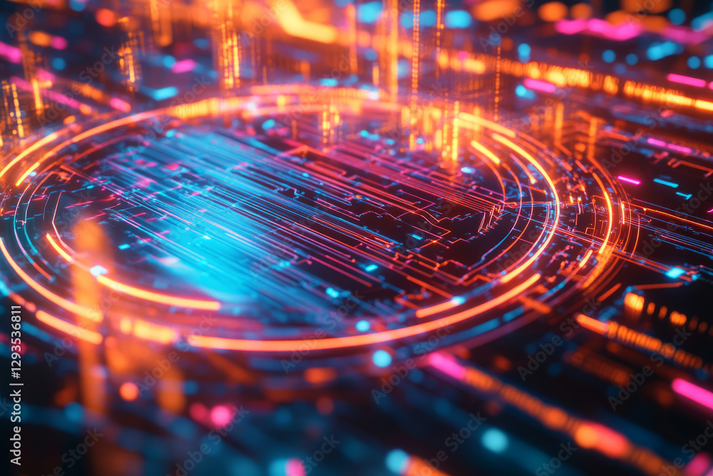 Poster a glowing futuristic quantum circuit board, surrounded by swirling ai-driven energy trails, holograp