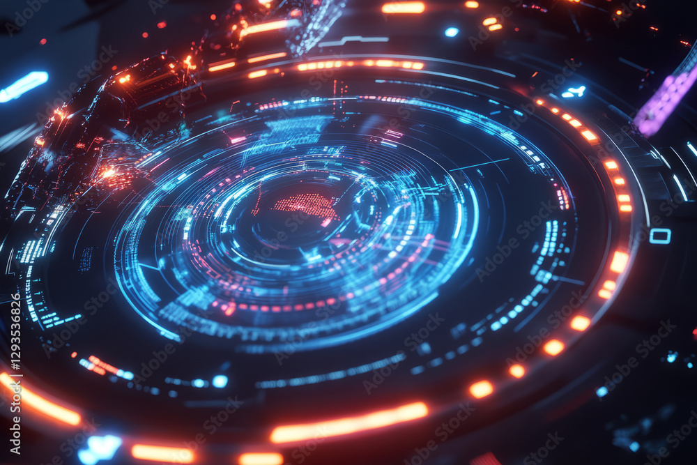 Poster a futuristic data visualization, displaying glowing ai-driven digital charts, pulsating cybernetic a