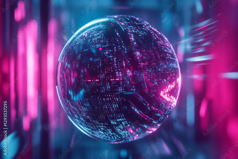 Poster futuristic abstract sphere composed of digital light particles, pulsating energy waves, ai-driven cy