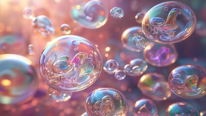 Floating bubbles create a mesmerizing abstract background, filled with vibrant colors and soft reflections. The interplay of light enhances the surreal beauty of the scene