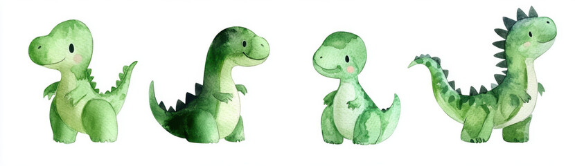 Fototapeta premium Cute pastel colored watercolor dinosaurs in various poses, showcasing their playful expressions and charming features. Perfect for children illustrations or decor