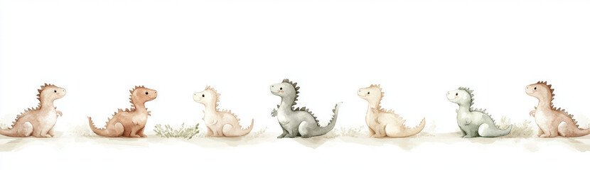 Cute baby dinosaurs in various colors, lined up playfully on soft background, evoking sense of joy and whimsy. Perfect for children decor or educational materials
