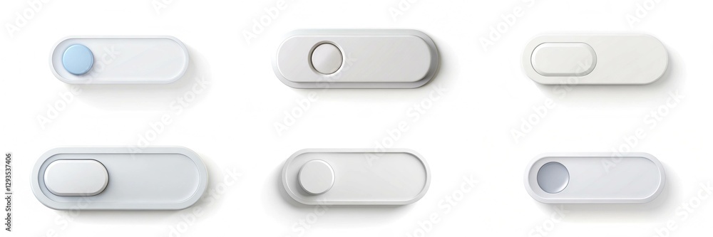 Poster a row of white buttons with blue and grey accents. the buttons are all different sizes and shapes