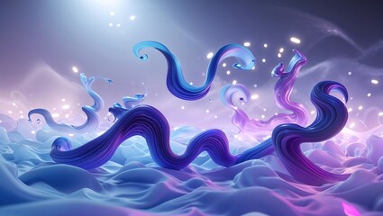 Vibrant, flowing 3D shapes intertwine against a soft, glowing background, creating a sense of depth and movement. The play of light enhances the abstract aesthetic, inviting exploration