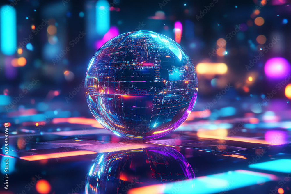 Poster a high-tech data sphere floating in cyberspace, surrounded by glowing neon pathways, holographic pro