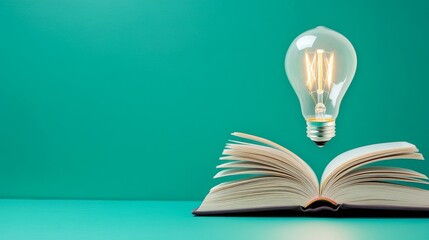 Open Book with Light Bulb Above on a Bright Green Background