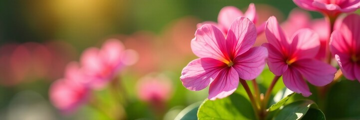 Fototapeta premium Close-up of primula obconica bright pink flowers on a sunny day, bright pink, garden
