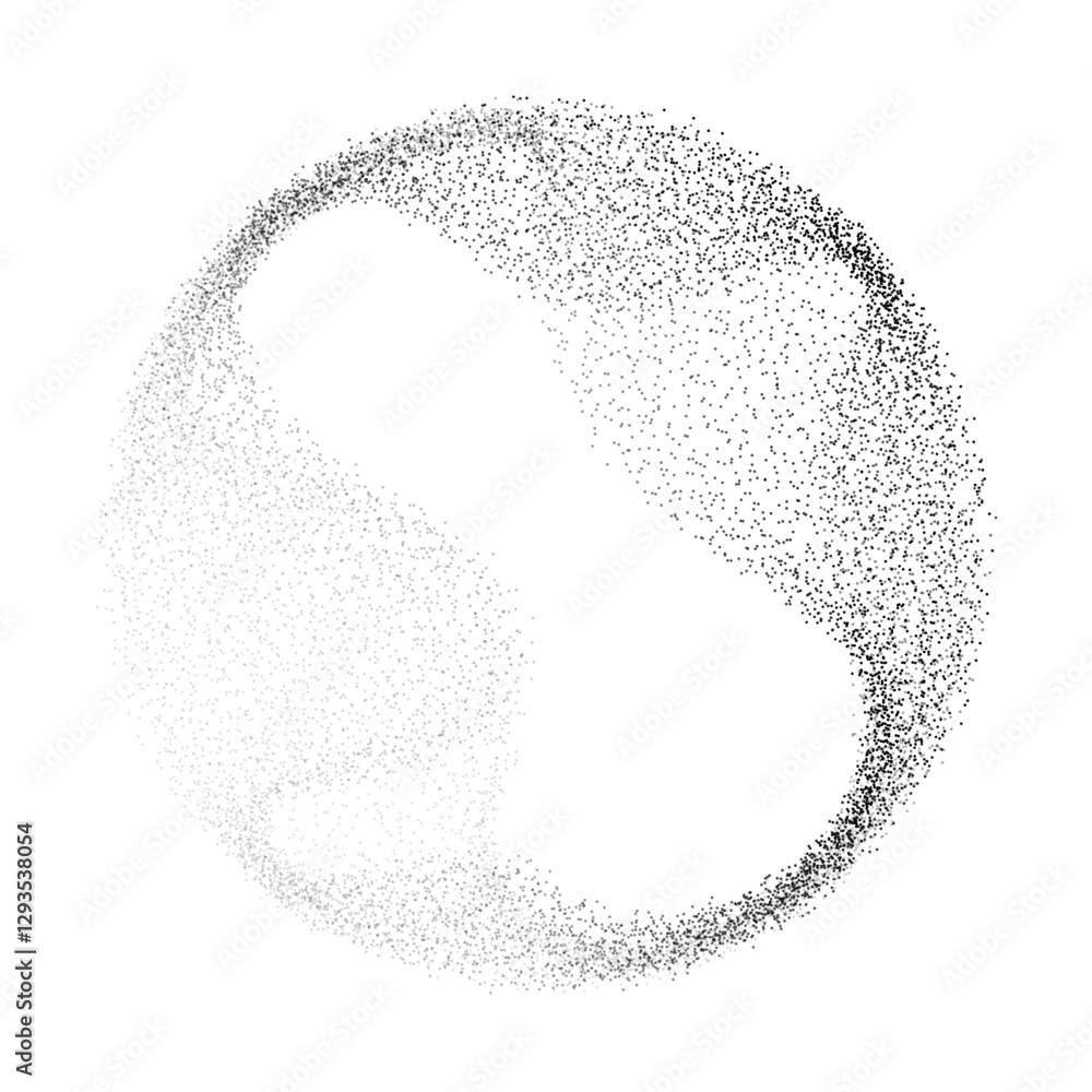 Poster Abstract vector black dot particles fluid flowing round shape wavy smooth curve on transparent background in concept of technology, science, music, modern.