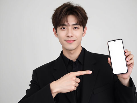 Young Asian man showing smartphone with blank screen on gray background. Mock up