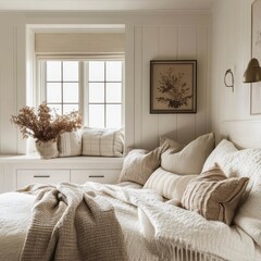 Fototapeta premium A cozy bedroom scene features many soft pillows and a window