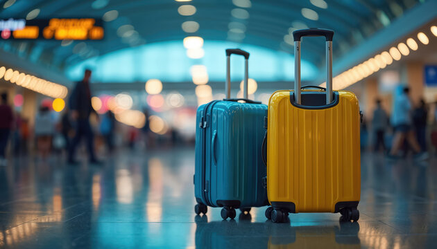 Two suitcases stand in modern airport terminal. Travelers move around with vibrant lights at night. Blue and yellow baggage bags wait for departure. Travel concept. Vacation and tourism theme.