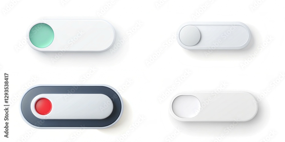 Poster four buttons with a red circle in the middle. the buttons are white and are arranged in a row