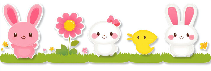 Obraz premium Cute cartoon animals including bunnies, chick, and flower in vibrant garden setting. This playful illustration evokes joy and warmth, perfect for children themes