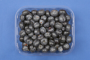 A top-down view of fresh blueberries in a clear plastic container against a solid blue background