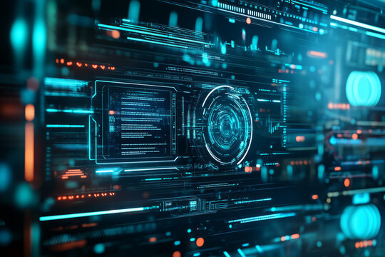 Floating digital interface with futuristic holographic data projections, abstract cyber environment, ultra-HD, sci-fi aesthetic, glowing neon light details. - Powered by Adobe