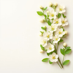 White flowers with green leaves arranged on light background, creating serene and fresh atmosphere. delicate blossoms and buds evoke sense of tranquility and beauty