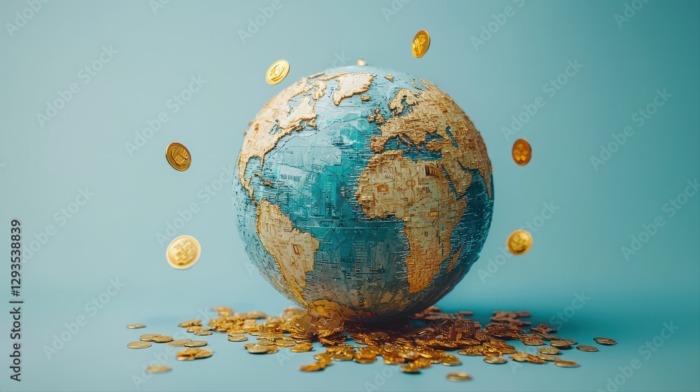 Poster a globe with coins falling from it symbolizing the flow of global wealth and economic dynamics in re
