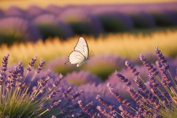 A black-veined white butterfly drifts gracefully over a lavender field, its delicate wings glowing in the soft golden light.