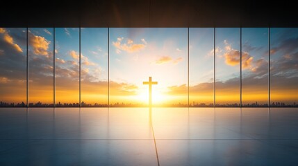Fototapeta premium Awe-Inspiring Sunrise Behind Cross in Modern Interior Space
