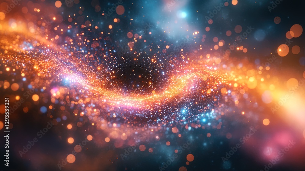 Poster depiction of quantum gravity with particles orbiting around a black hole, colorful and intense