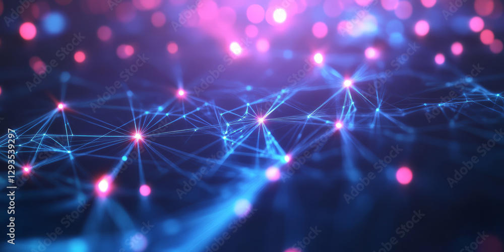 Poster a futuristic abstract background featuring an intricate web of holographic neon grids, seamlessly fo