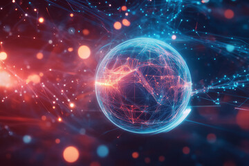 A glowing cybernetic sphere, floating in deep space, surrounded by swirling holographic data streams, digital energy pulses, and interconnected AI-powered pathways. The futuristic high-tech background