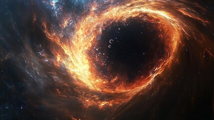 Obraz premium Depiction of quantum gravity with particles orbiting around a black hole, colorful and intense 