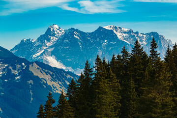 Alpine summer view with Mount Zugspitze, Top of Germany, in the background, seen from Mount Almkopf, Bichlbach, Reutte, Tyrol, Austria