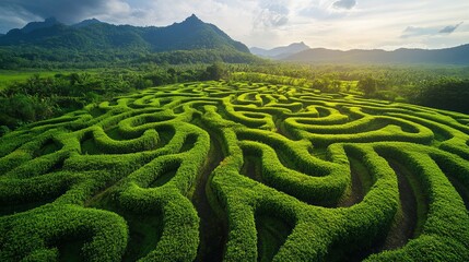 Aerial View Lush Green Hedge Maze Complex Intricate Pathways Winding Design Beautiful Nature Landscape Scenic Mountain Background Summer Sunlight top 