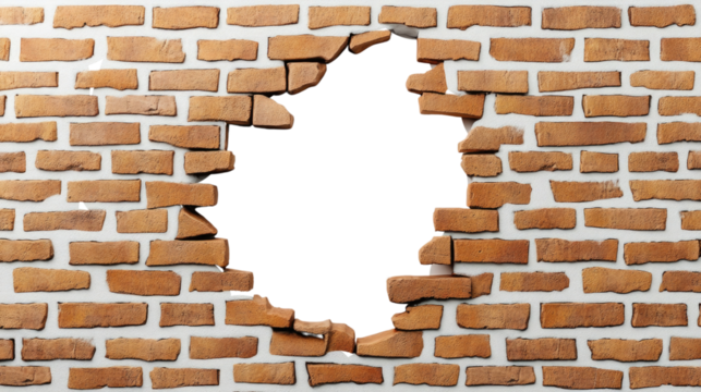 Brick wall with a large hole revealing a blank space behind it