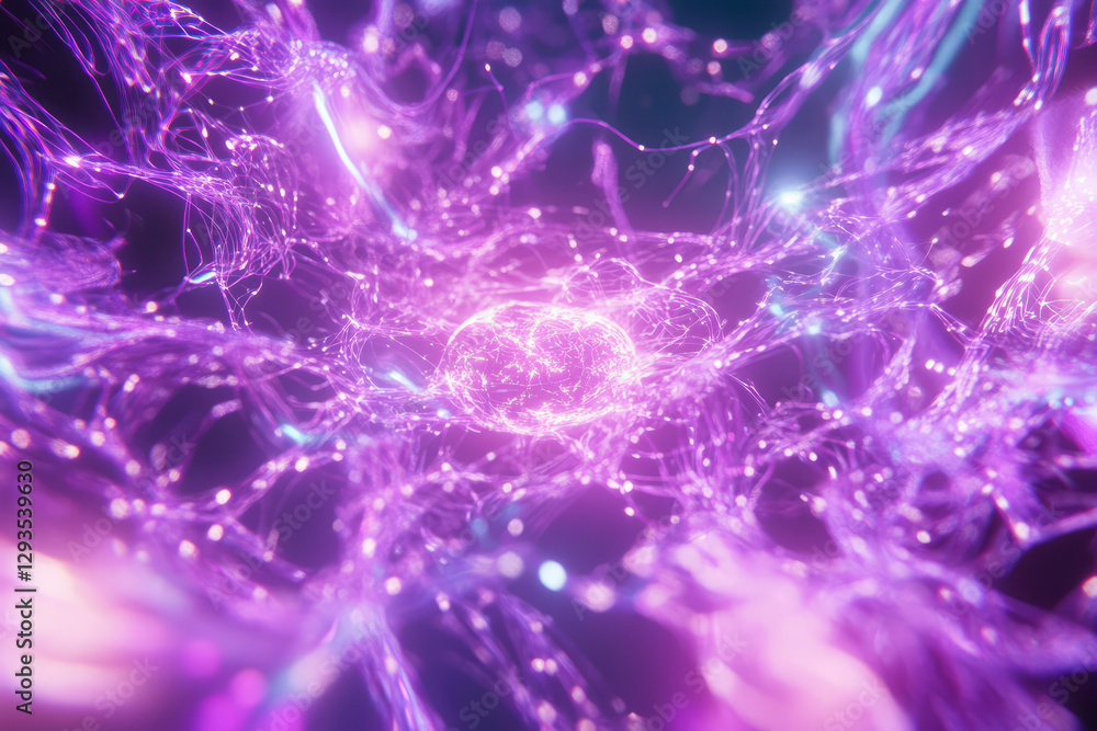 Poster a futuristic holographic energy core, radiating glowing ai-driven data streams, pulsating cybernetic